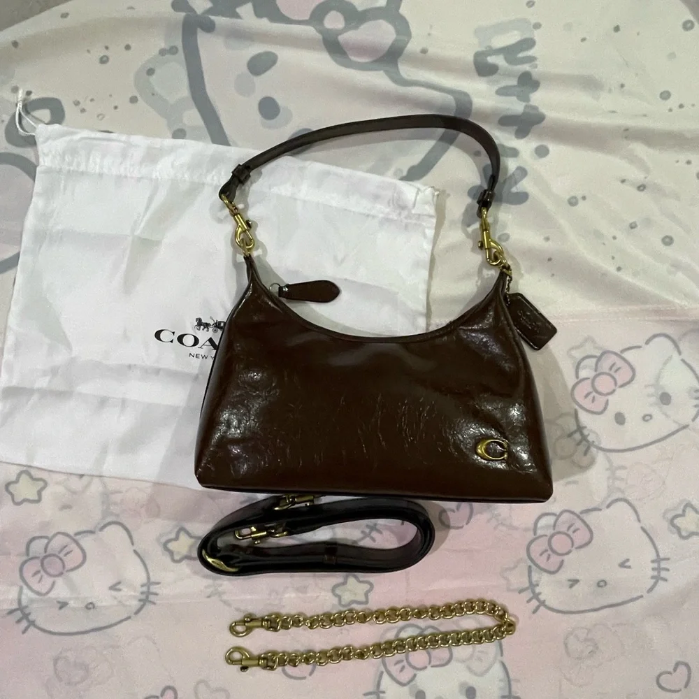 Coach Dark Brown Leather Shoulder Bag with Gold Hardware